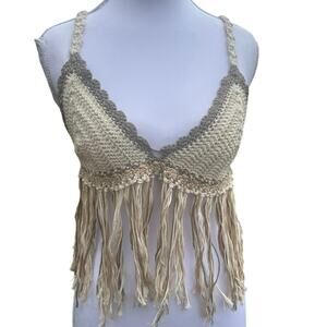 Crochet Handmade Beige Tan Fringe Adjustable Backless Festival Boho Bra Top